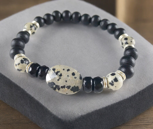 LEON Men's Beaded Bracelet | Boho Style Jasper and Wood Unisex Wristband | Black and Gray