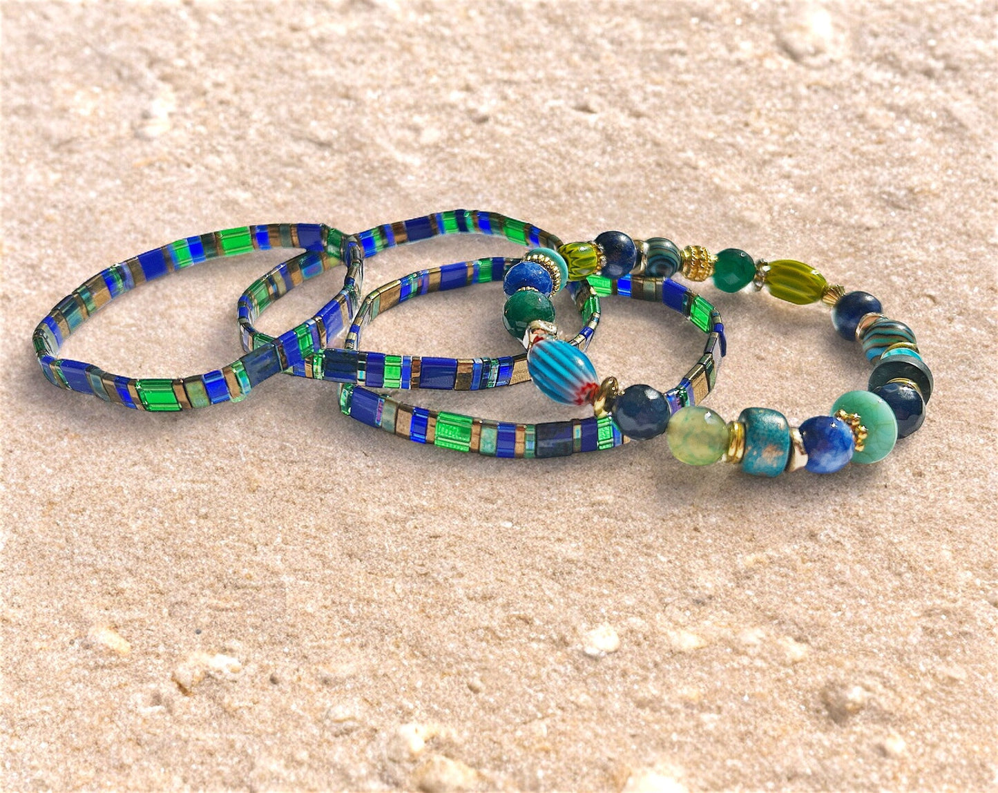 Sea Garden Gold Beaded Bracelet | Boho Ibiza Jewelry | Blue Green Gold Slim Bangle