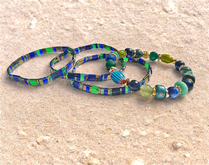 Sea Garden Gold Beaded Bracelet | Boho Ibiza Jewelry | Blue Green Gold Slim Bangle