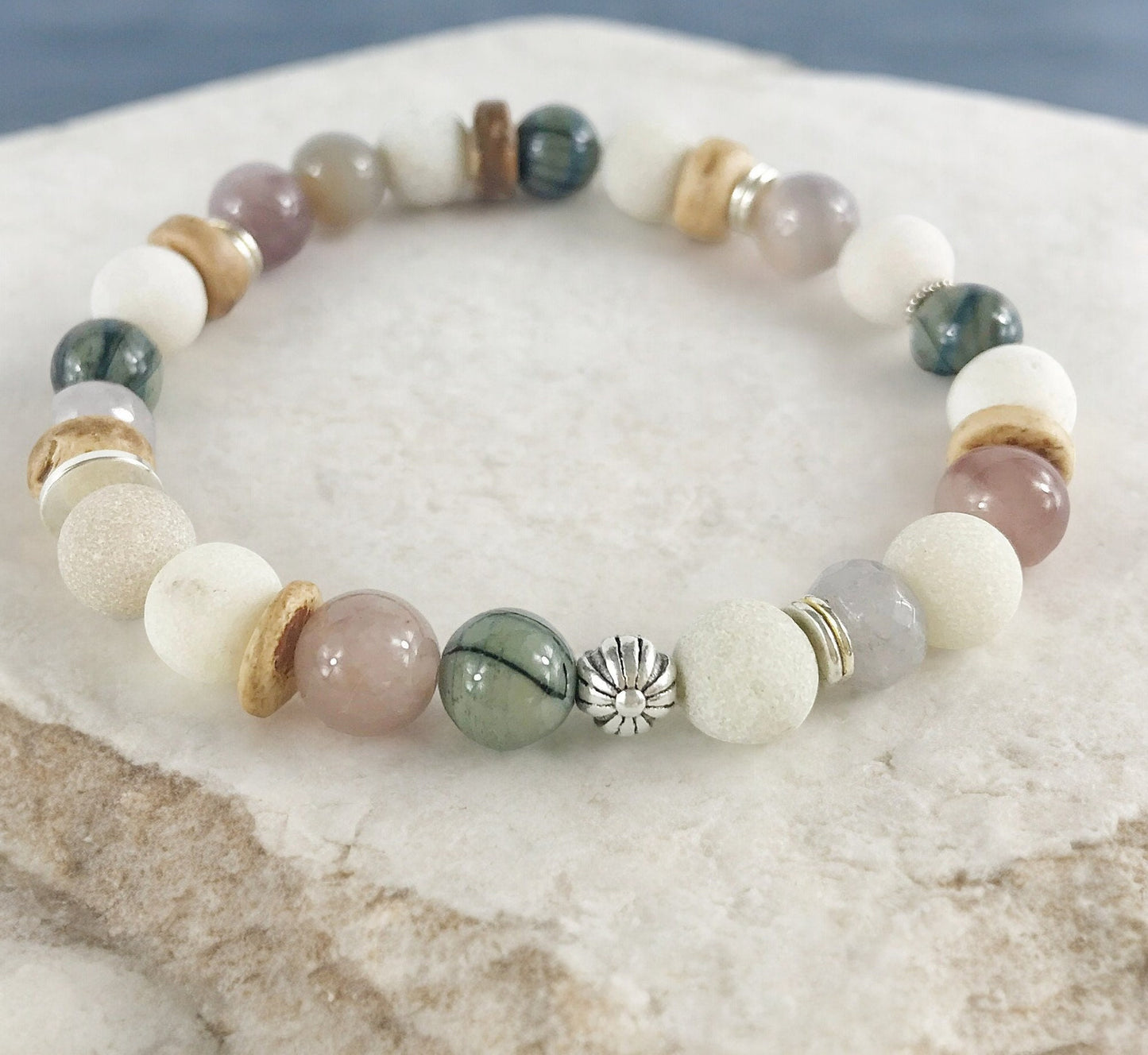 Men's Boho Beaded Bracelet RINGO | Natural Stone & Shell | Elastic Stretch Wristband