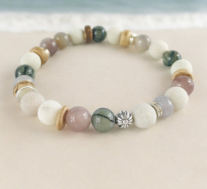 Men's Boho Beaded Bracelet RINGO | Natural Stone & Shell | Elastic Stretch Wristband