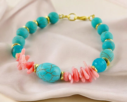 Coral Sea Turquoise Beaded Bracelet | Gold-Plated Boho Jewelry | Handmade Gemstone Accessory