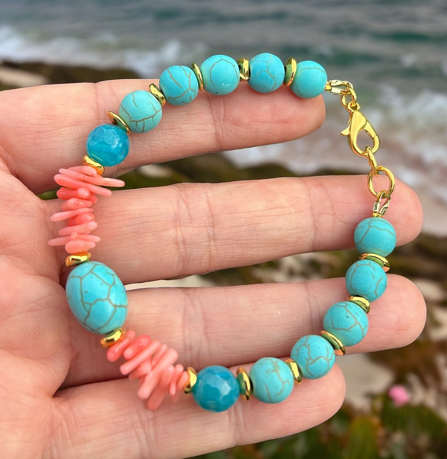 Coral Sea Turquoise Beaded Bracelet | Gold-Plated Boho Jewelry | Handmade Gemstone Accessory