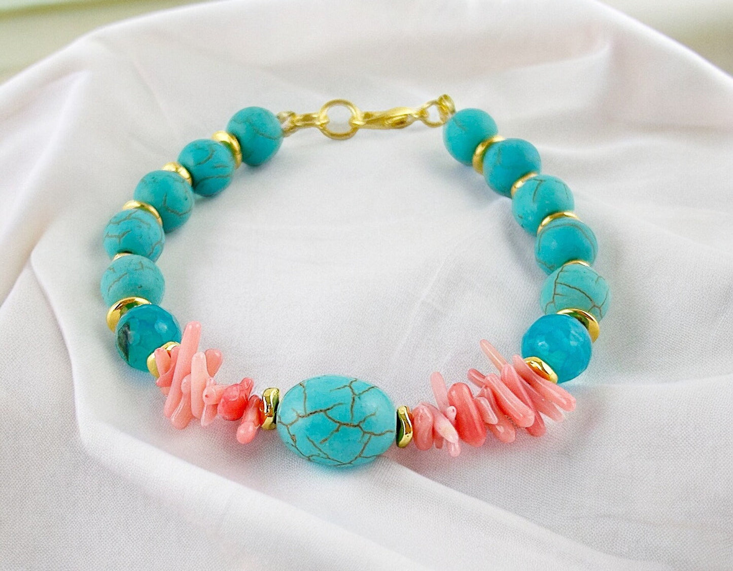 Coral Sea Turquoise Beaded Bracelet | Gold-Plated Boho Jewelry | Handmade Gemstone Accessory