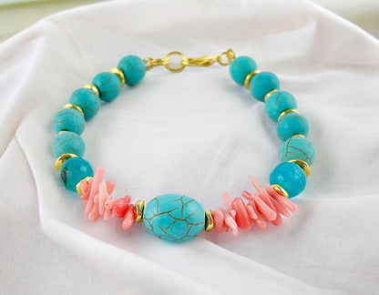 Coral Sea Turquoise Beaded Bracelet | Gold-Plated Boho Jewelry | Handmade Gemstone Accessory