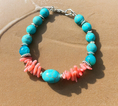 Turquoise and Coral Beaded Bracelet | Boho Style Silver Gemstone Jewelry | Ibiza-Inspired Coral Sea Collection