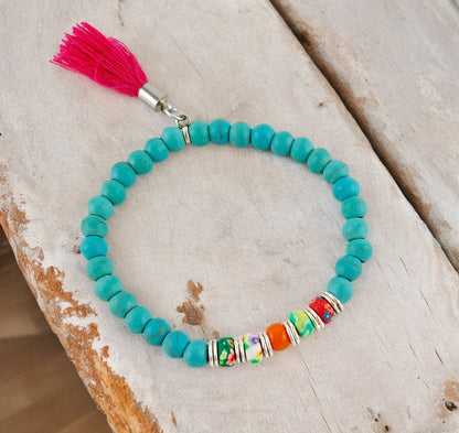 Turquoise Sea Boho Beaded Bracelet | Silver & Pink Tassel | Bohemian Ibiza Style Jewelry