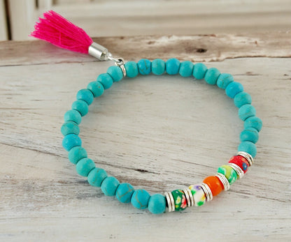 Turquoise Sea Boho Beaded Bracelet | Silver & Pink Tassel | Bohemian Ibiza Style Jewelry