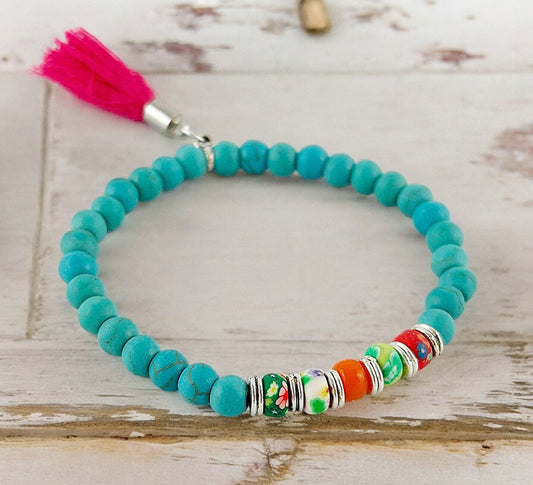 Turquoise Sea Boho Beaded Bracelet | Silver & Pink Tassel | Bohemian Ibiza Style Jewelry