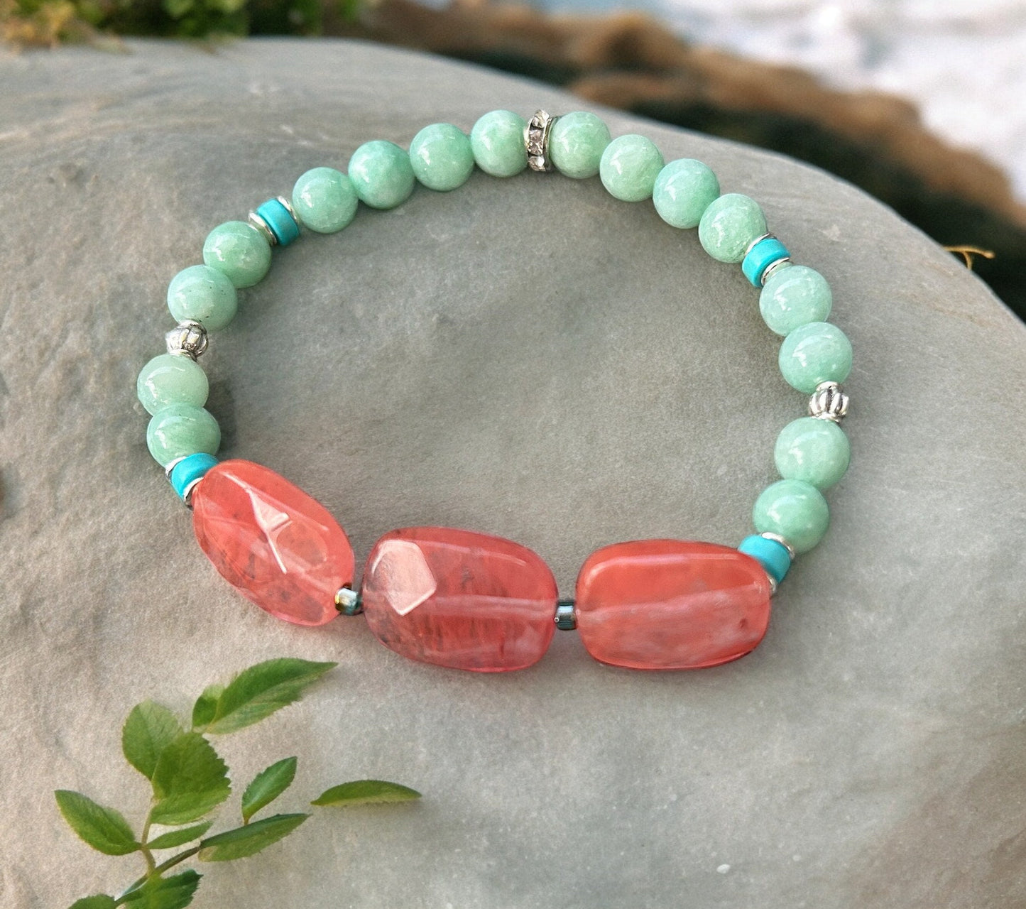 Strawberry Quartz and Jade Boho Bracelet | Silver Beaded Elastic Jewelry for Women