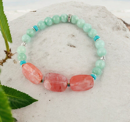 Strawberry Quartz and Jade Boho Bracelet | Silver Beaded Elastic Jewelry for Women