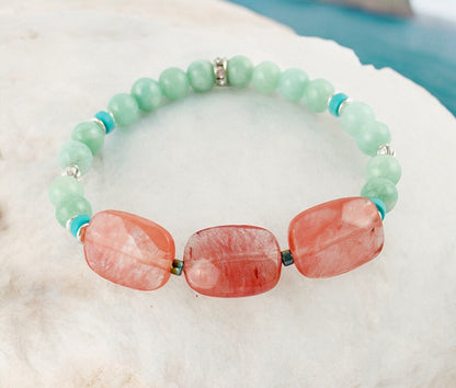 Strawberry Quartz and Jade Boho Bracelet | Silver Beaded Elastic Jewelry for Women