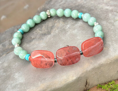 Strawberry Quartz and Jade Boho Bracelet | Silver Beaded Elastic Jewelry for Women