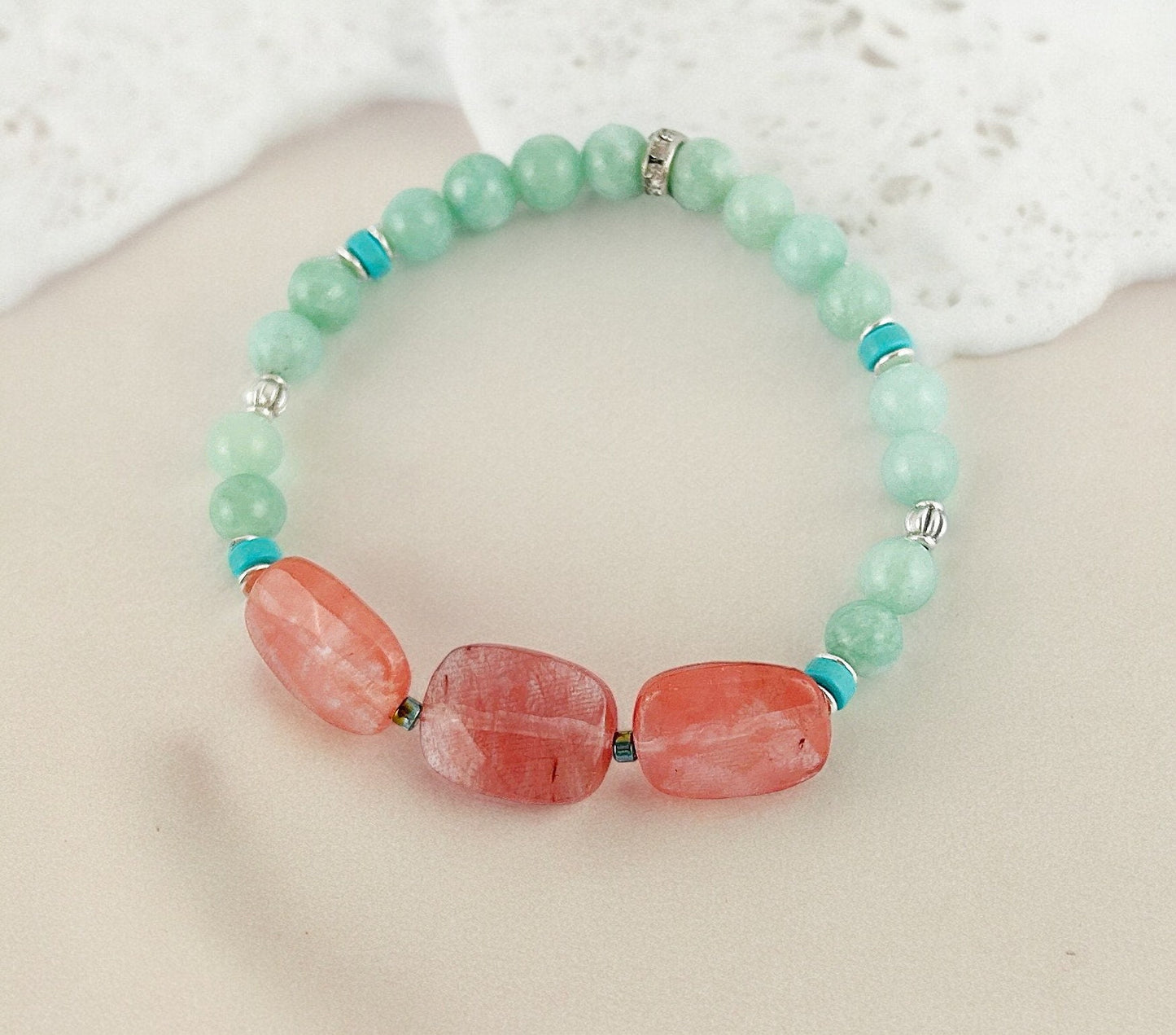 Strawberry Quartz and Jade Boho Bracelet | Silver Beaded Elastic Jewelry for Women