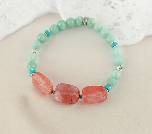 Strawberry Quartz and Jade Boho Bracelet | Silver Beaded Elastic Jewelry for Women