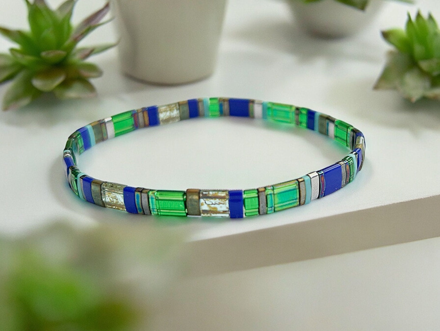 Delicate Boho Beaded Bracelet CORNWALL | Miyuki Beads | Silver Blue Green | Ibiza Style Jewelry