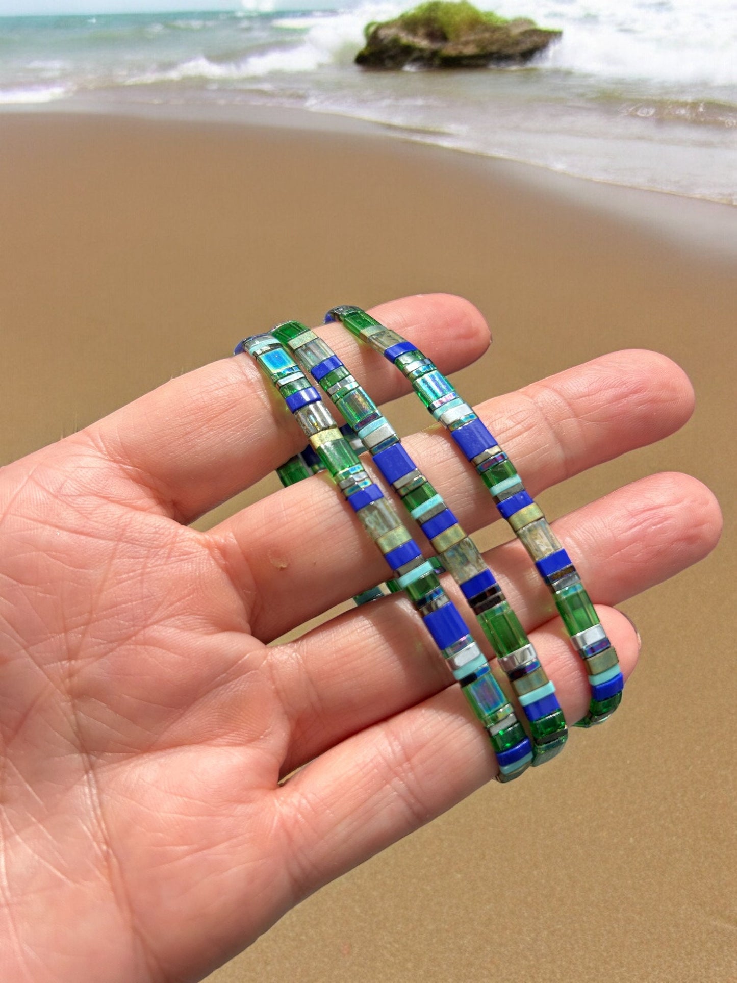 Delicate Boho Beaded Bracelet CORNWALL | Miyuki Beads | Silver Blue Green | Ibiza Style Jewelry