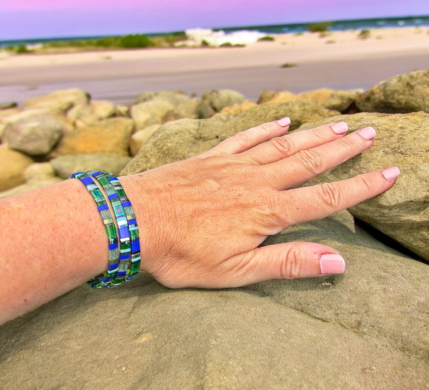 Delicate Boho Beaded Bracelet CORNWALL | Miyuki Beads | Silver Blue Green | Ibiza Style Jewelry