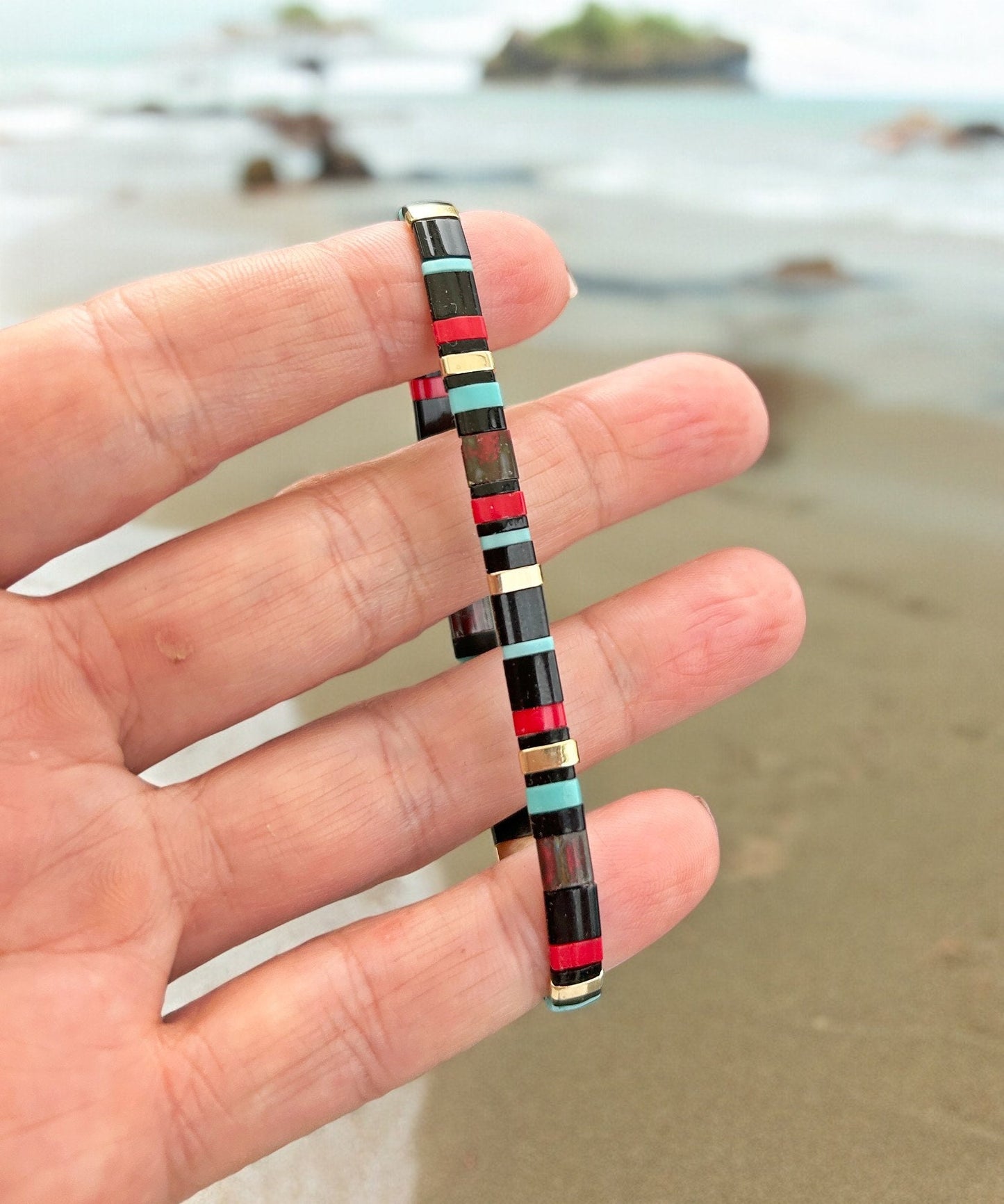 Geometric Beaded Bracelet | Boho Ibiza Jewelry | Gold Black Turquoise Red | Slim Bangle for Women