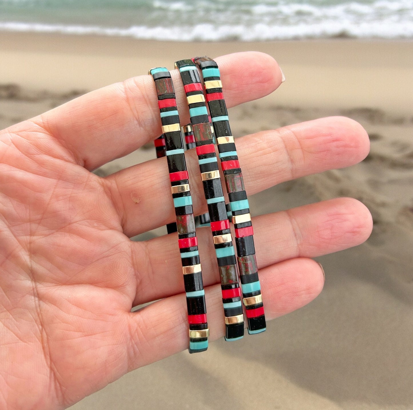 Geometric Beaded Bracelet | Boho Ibiza Jewelry | Gold Black Turquoise Red | Slim Bangle for Women