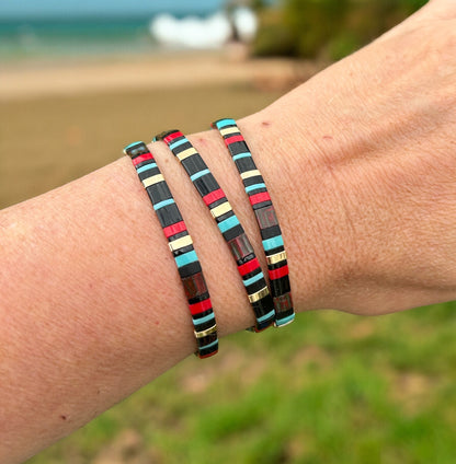 Geometric Beaded Bracelet | Boho Ibiza Jewelry | Gold Black Turquoise Red | Slim Bangle for Women