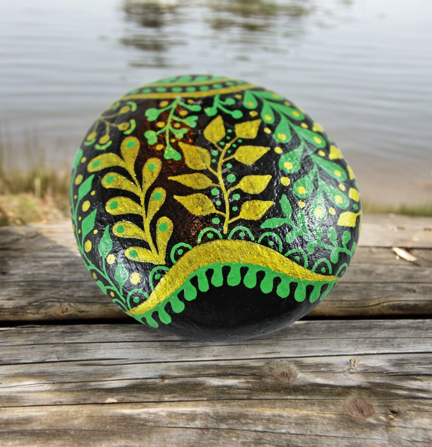 Hand-Painted Baltic Sea Stone | Black Floral Boho Decor | Unique Paperweight | Lucky Charm