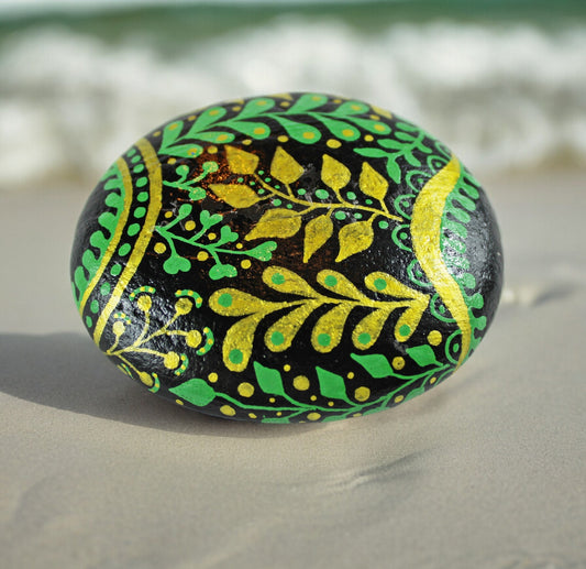 Hand-Painted Baltic Sea Stone | Black Floral Boho Decor | Unique Paperweight | Lucky Charm