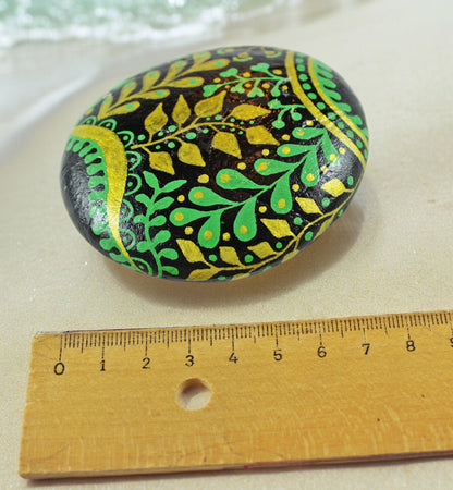 Hand-Painted Baltic Sea Stone | Black Floral Boho Decor | Unique Paperweight | Lucky Charm