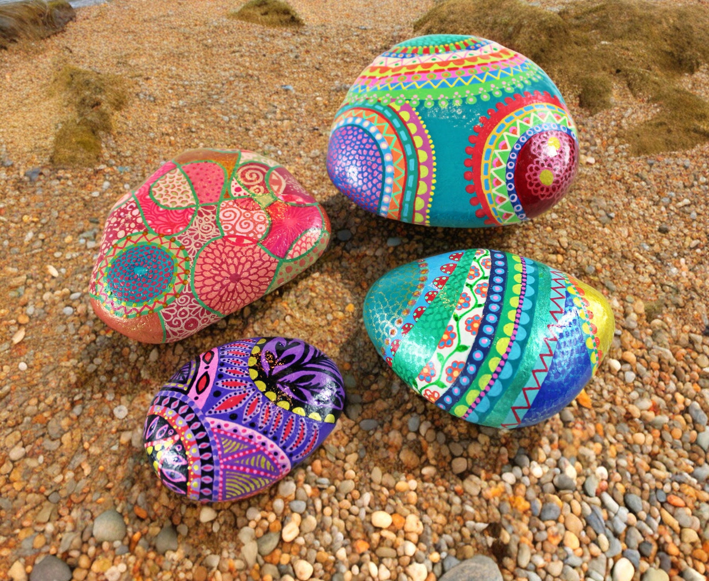 Handpainted Etruscan Stone Paperweight | Boho Beach Pebble Art | Pink & Green Geometric Decor