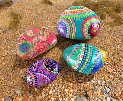 Handpainted Etruscan Stone Paperweight | Boho Beach Pebble Art | Pink & Green Geometric Decor