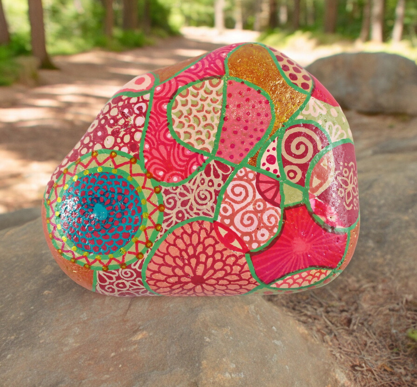 Handpainted Etruscan Stone Paperweight | Boho Beach Pebble Art | Pink & Green Geometric Decor