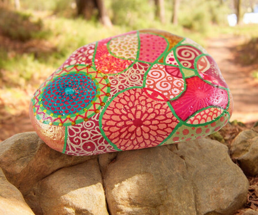 Handpainted Etruscan Stone Paperweight | Boho Beach Pebble Art | Pink & Green Geometric Decor