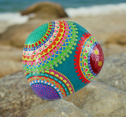 Handpainted Mandala Turquoise Stone | Boho Beach Pebble Art | Decorative Paperweight | Lucky Stone