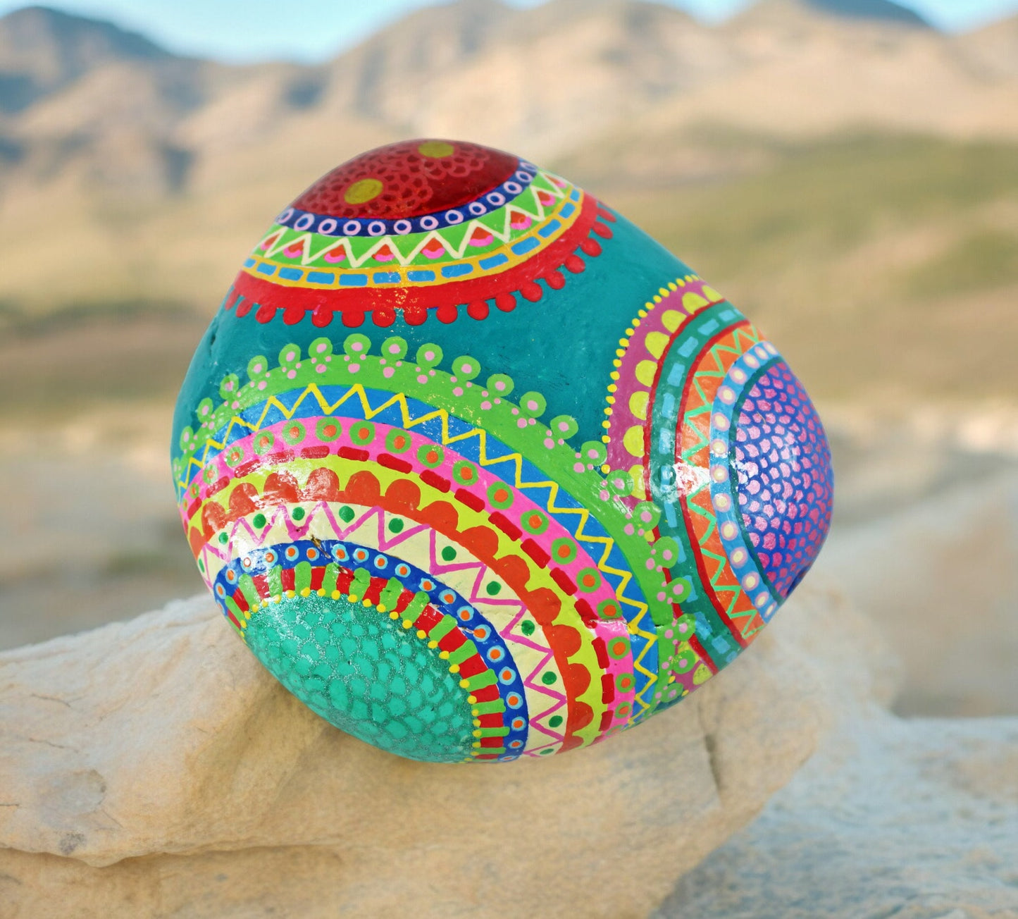 Handpainted Mandala Turquoise Stone | Boho Beach Pebble Art | Decorative Paperweight | Lucky Stone