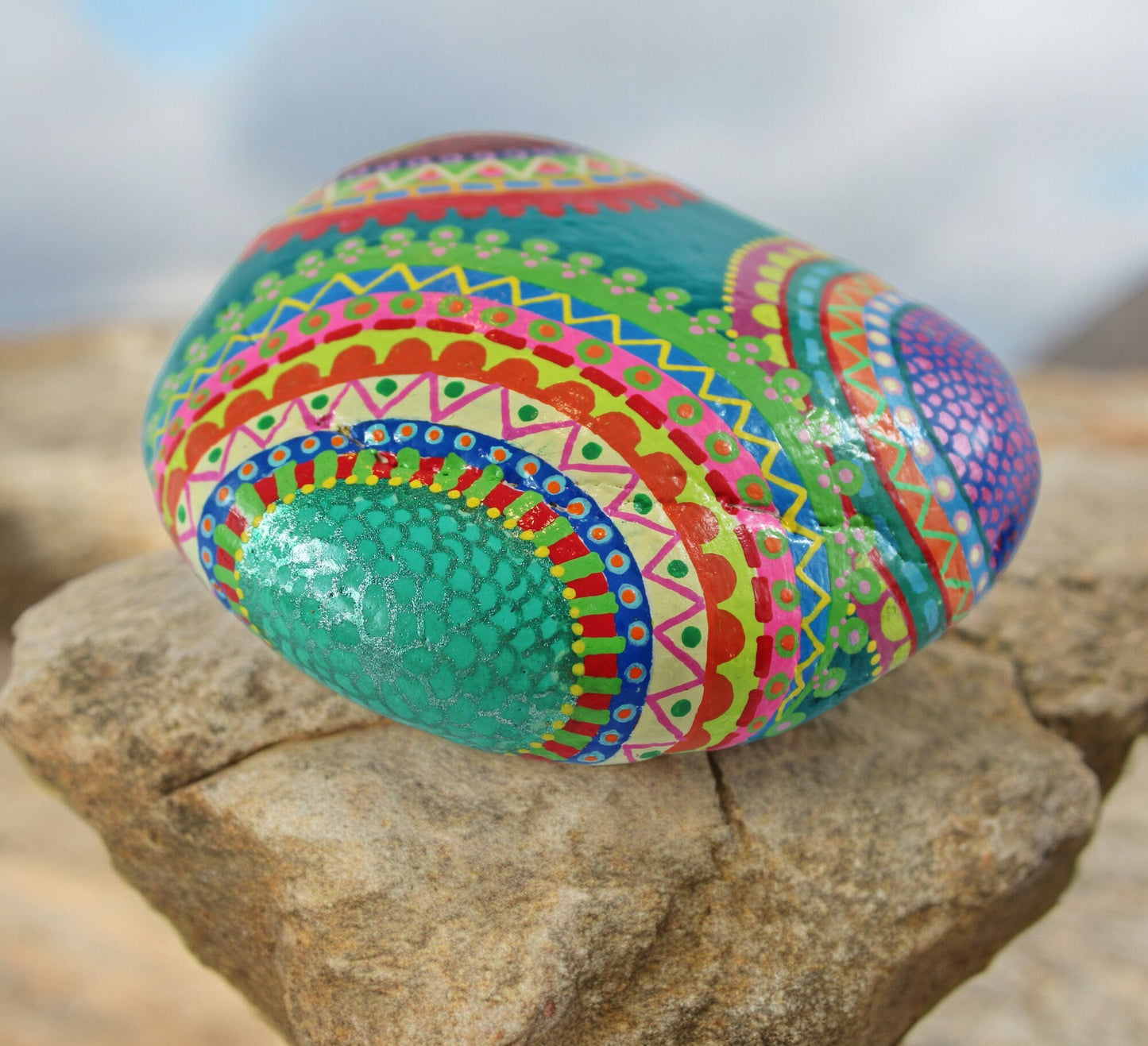 Handpainted Mandala Turquoise Stone | Boho Beach Pebble Art | Decorative Paperweight | Lucky Stone