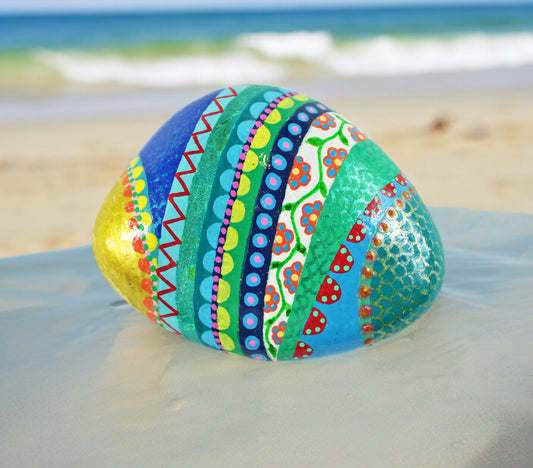 Handpainted Mandala Pebble Stone | Boho Beach Paperweight | Green Blue Zen Decor