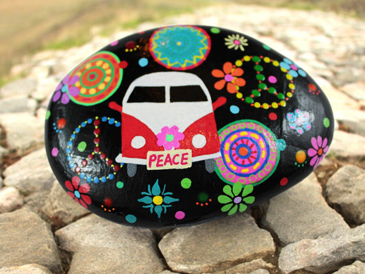 Handpainted Peace Van Stone | Boho Beach Pebble Art | Decorative Paperweight | Hippie Good Luck Rock | Black Bohemian Home Decor