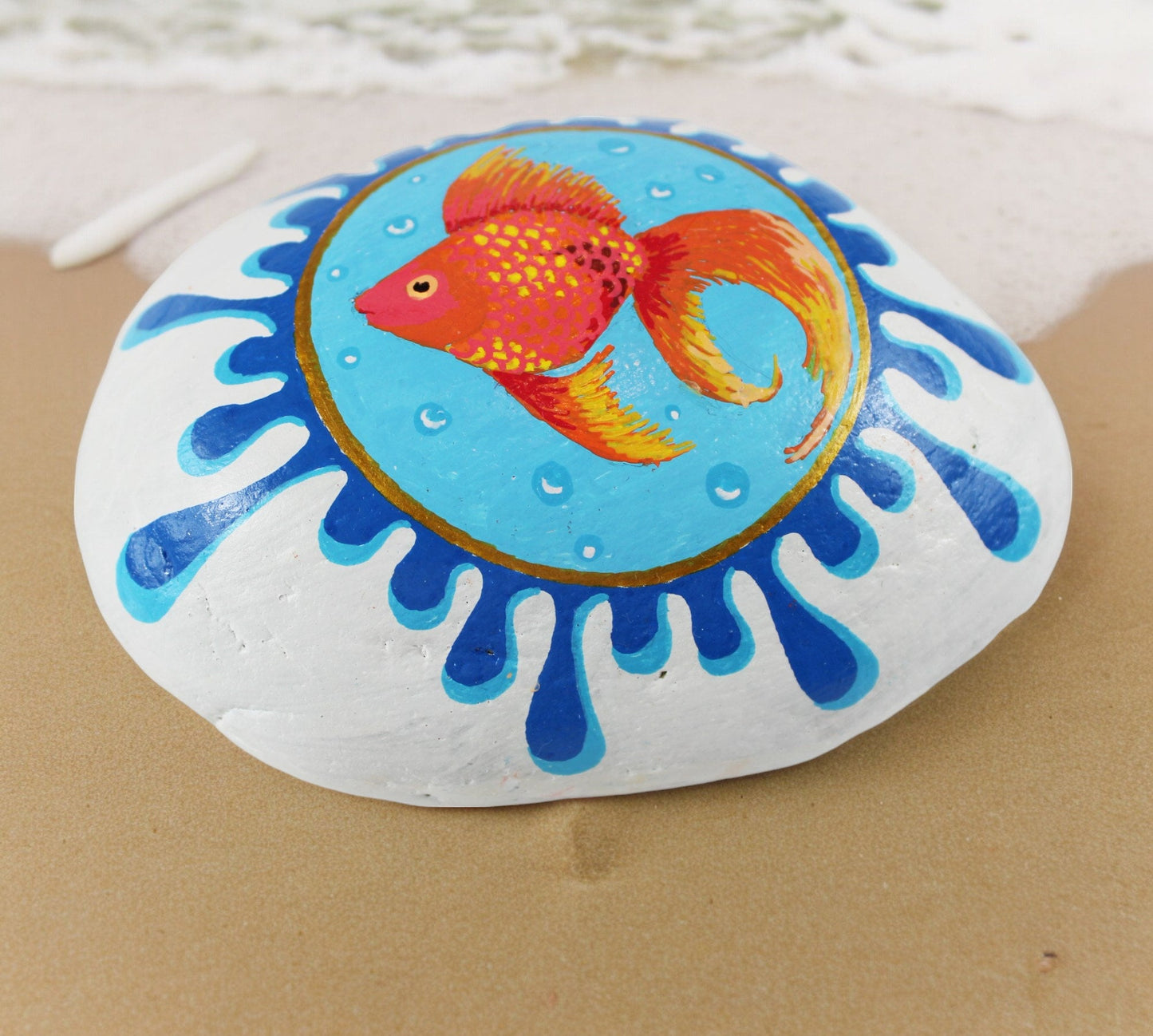 Handpainted Goldfish Stone Paperweight | Boho Beach Decor | Unique Gift