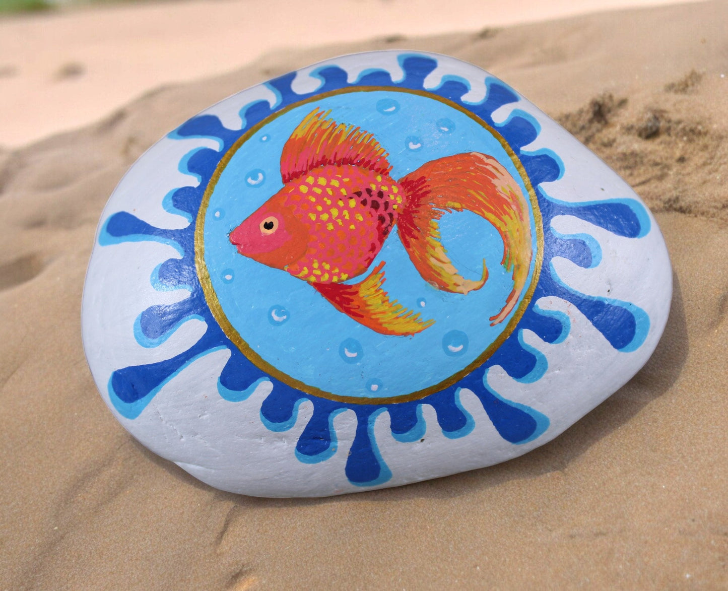 Handpainted Goldfish Stone Paperweight | Boho Beach Decor | Unique Gift