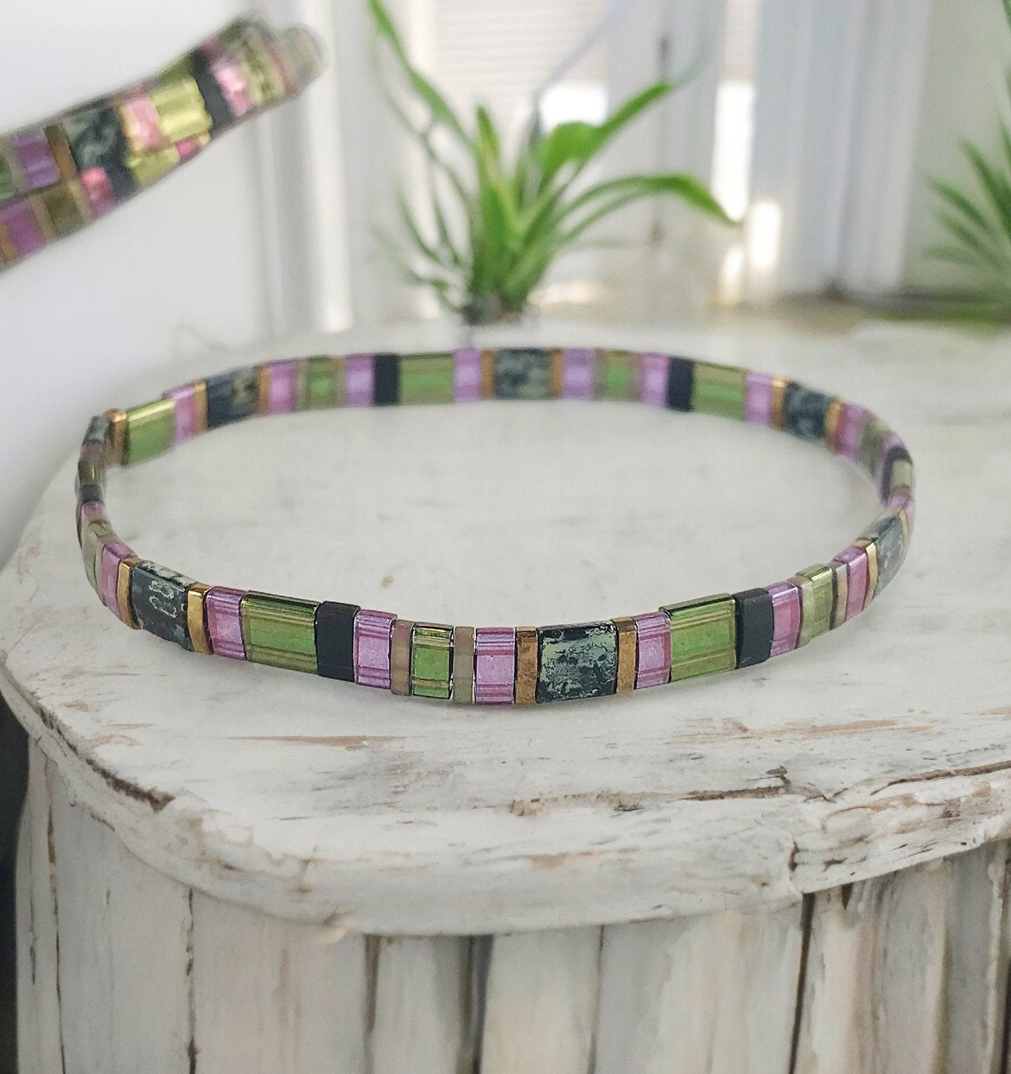 Handmade Boho 'Good Spell' Beaded Bracelet | Green, Violet & Gold Miyuki Beads | Ibiza Style Jewelry