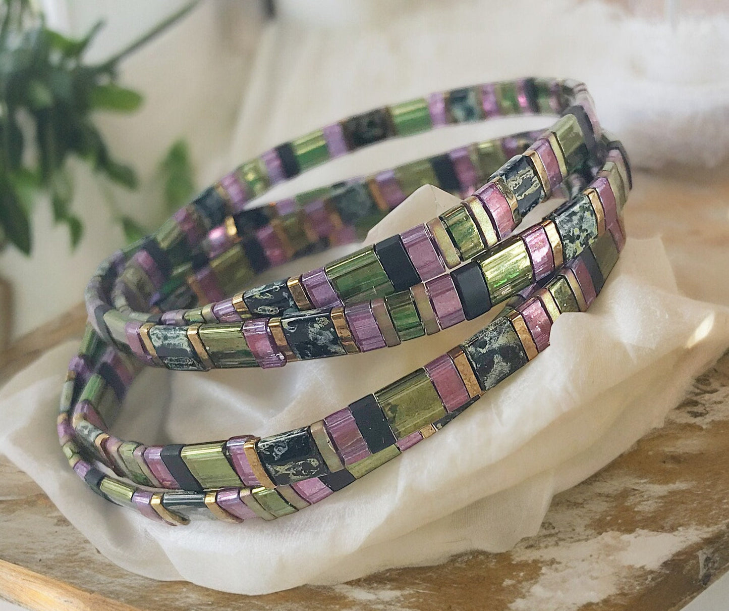 Handmade Boho 'Good Spell' Beaded Bracelet | Green, Violet & Gold Miyuki Beads | Ibiza Style Jewelry