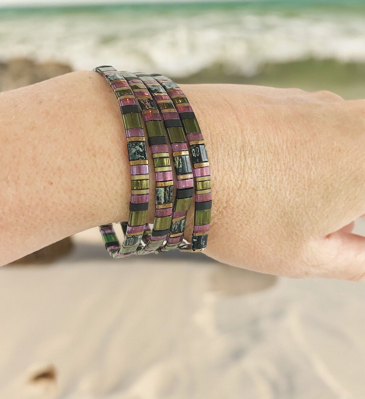 Handmade Boho 'Good Spell' Beaded Bracelet | Green, Violet & Gold Miyuki Beads | Ibiza Style Jewelry