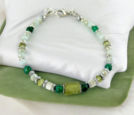 Green Ivy Silver Beaded Bracelet | Boho Gemstone Jewelry for Women | Peridot Jade Hematite