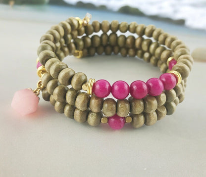 Boho Wrap Bracelet RASPBERRY with Charms | Multi-Strand Jade Wood Pink Gold Bangle | Ibiza Style Women's Jewelry