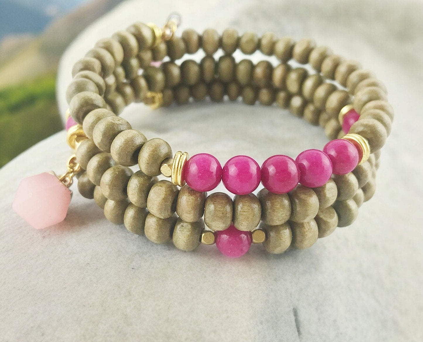 Boho Wrap Bracelet RASPBERRY with Charms | Multi-Strand Jade Wood Pink Gold Bangle | Ibiza Style Women's Jewelry