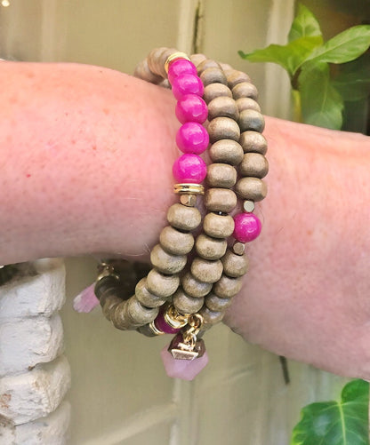 Boho Wrap Bracelet RASPBERRY with Charms | Multi-Strand Jade Wood Pink Gold Bangle | Ibiza Style Women's Jewelry