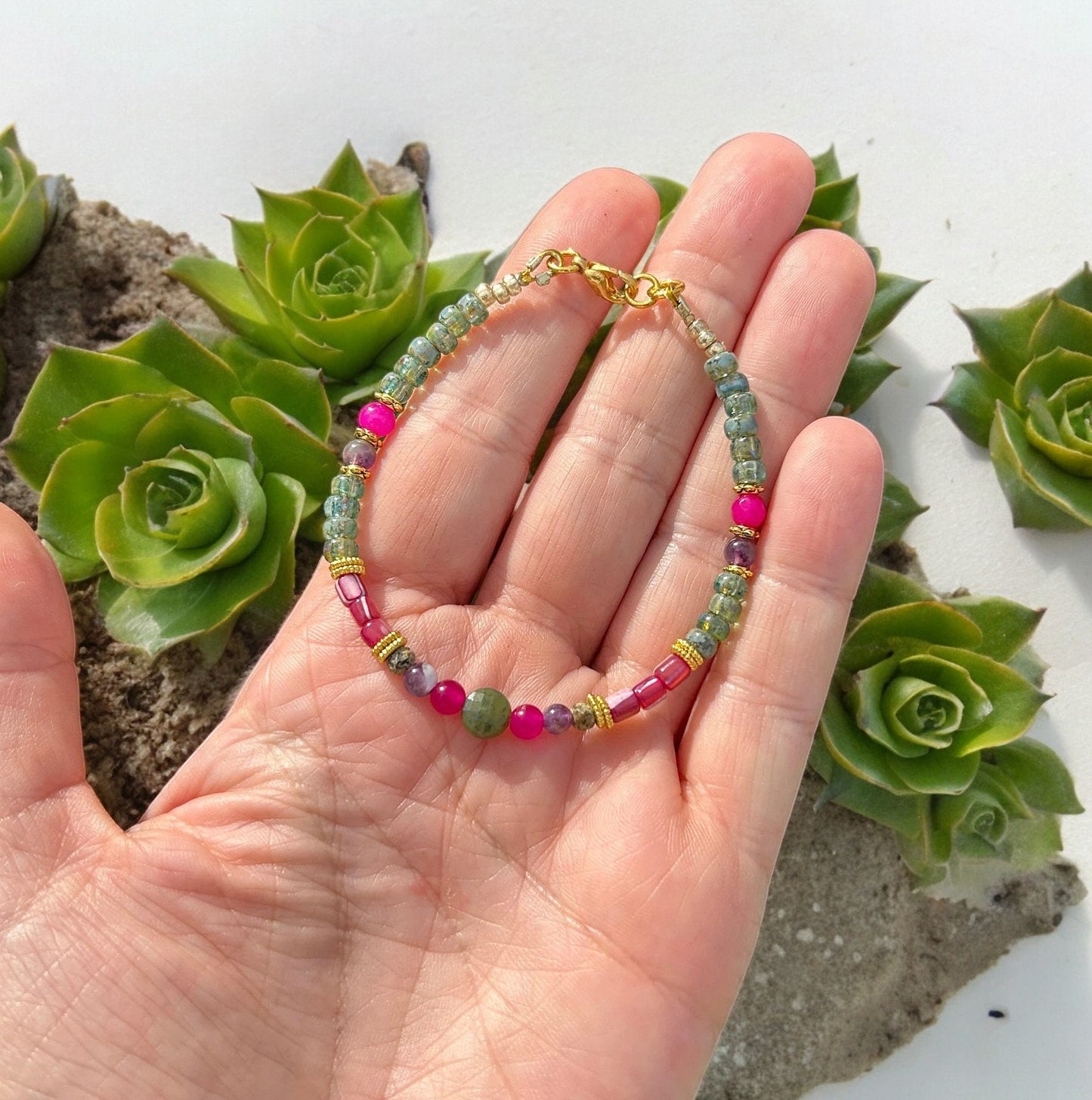 Delicate Boho Beaded Bracelet KARLA | Green Pink Gold Gemstones | Ibiza-Inspired Jewelry