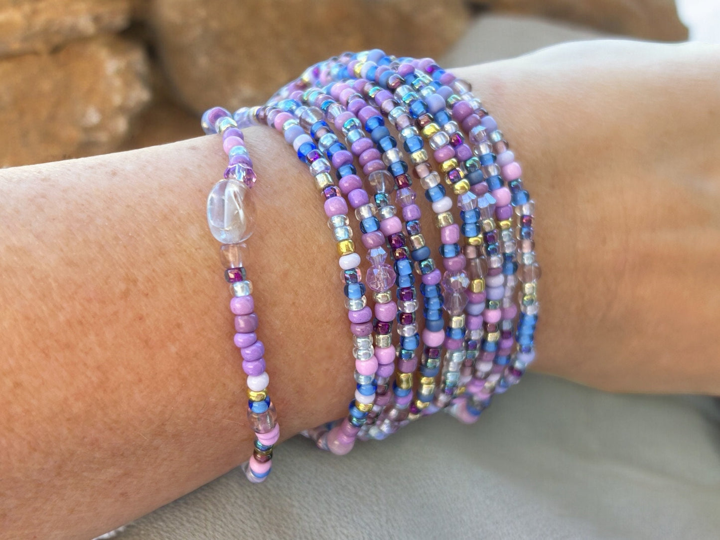 Delicate Boho Wrap Bracelet TRUE LILAC | Lavender & Blue Glass Beads | Amethyst Jade | Ibiza Style Jewelry