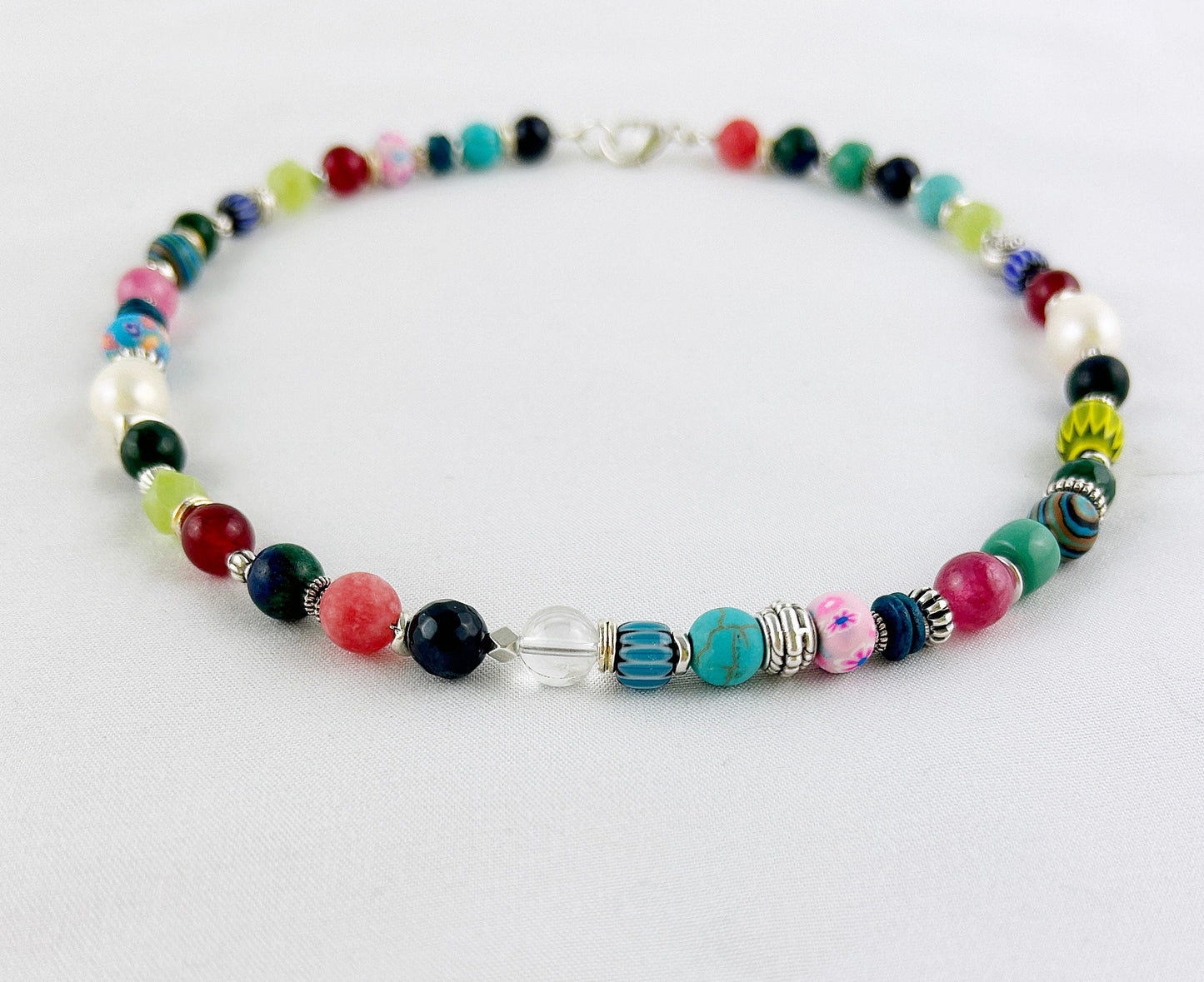 Colorful Boho Gemstone Necklace DIANA | Silver-Plated Handmade Ibiza Jewelry with Ruby & Malachite