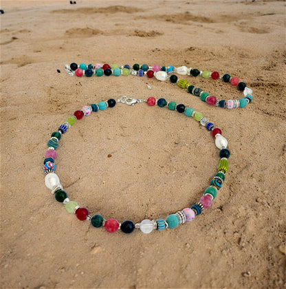 Colorful Boho Gemstone Necklace DIANA | Silver-Plated Handmade Ibiza Jewelry with Ruby & Malachite